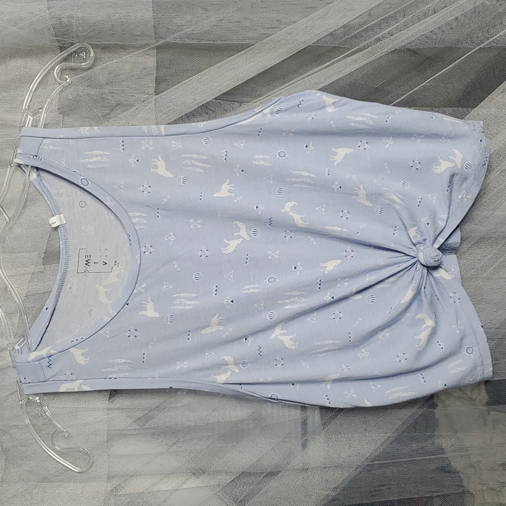 Me to We Native Wolf Print Tie-front Crop Tank SM Blue